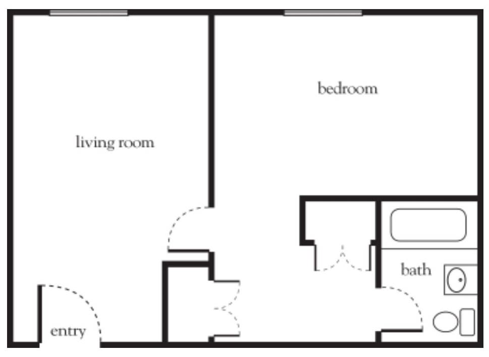 A simple floor plan of a one-bedroom apartment featuring a living room, bedroom, bathroom, and entryway.