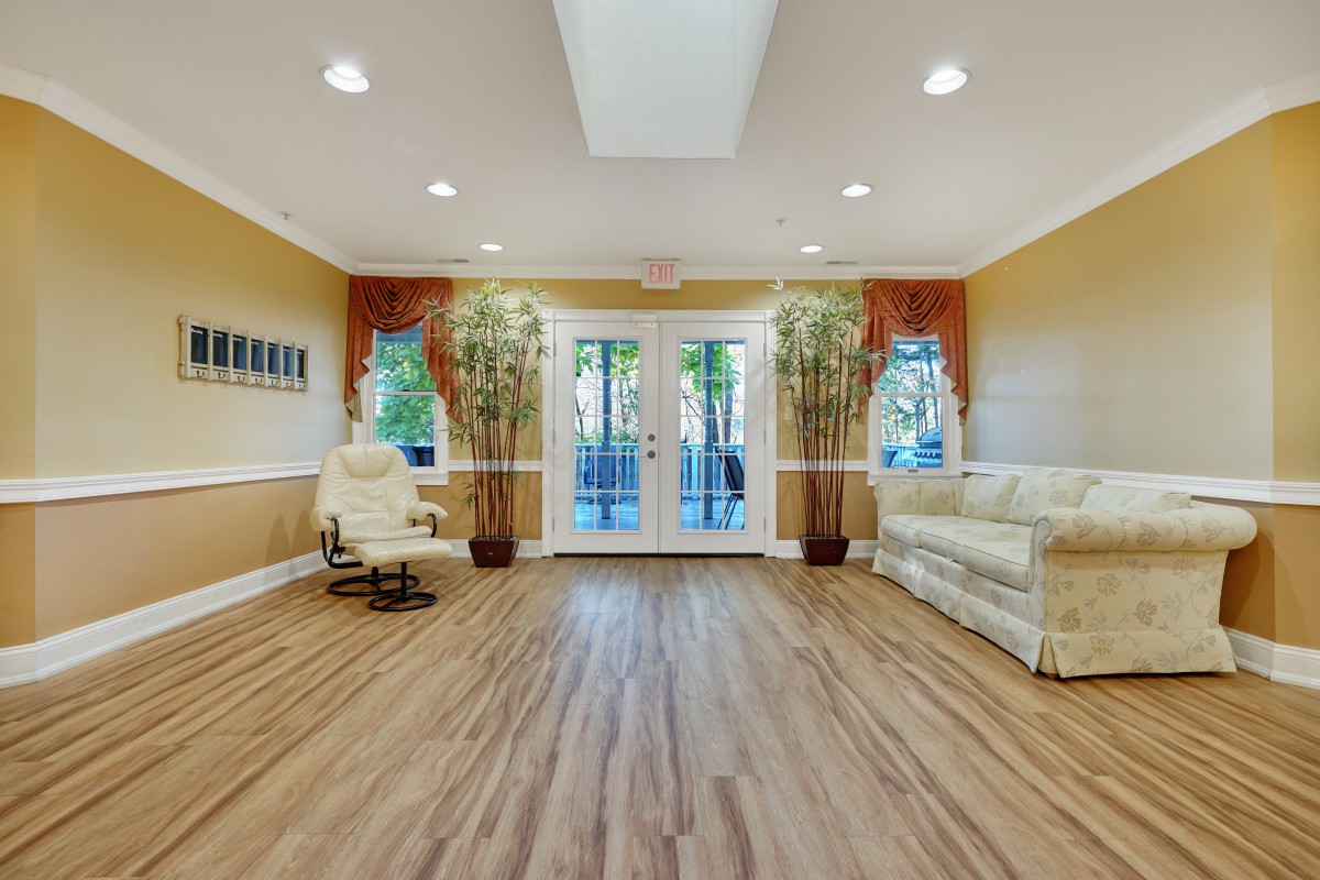 A spacious living room with wooden floors, a comfortable sofa, chair, and potted plants near large windows.