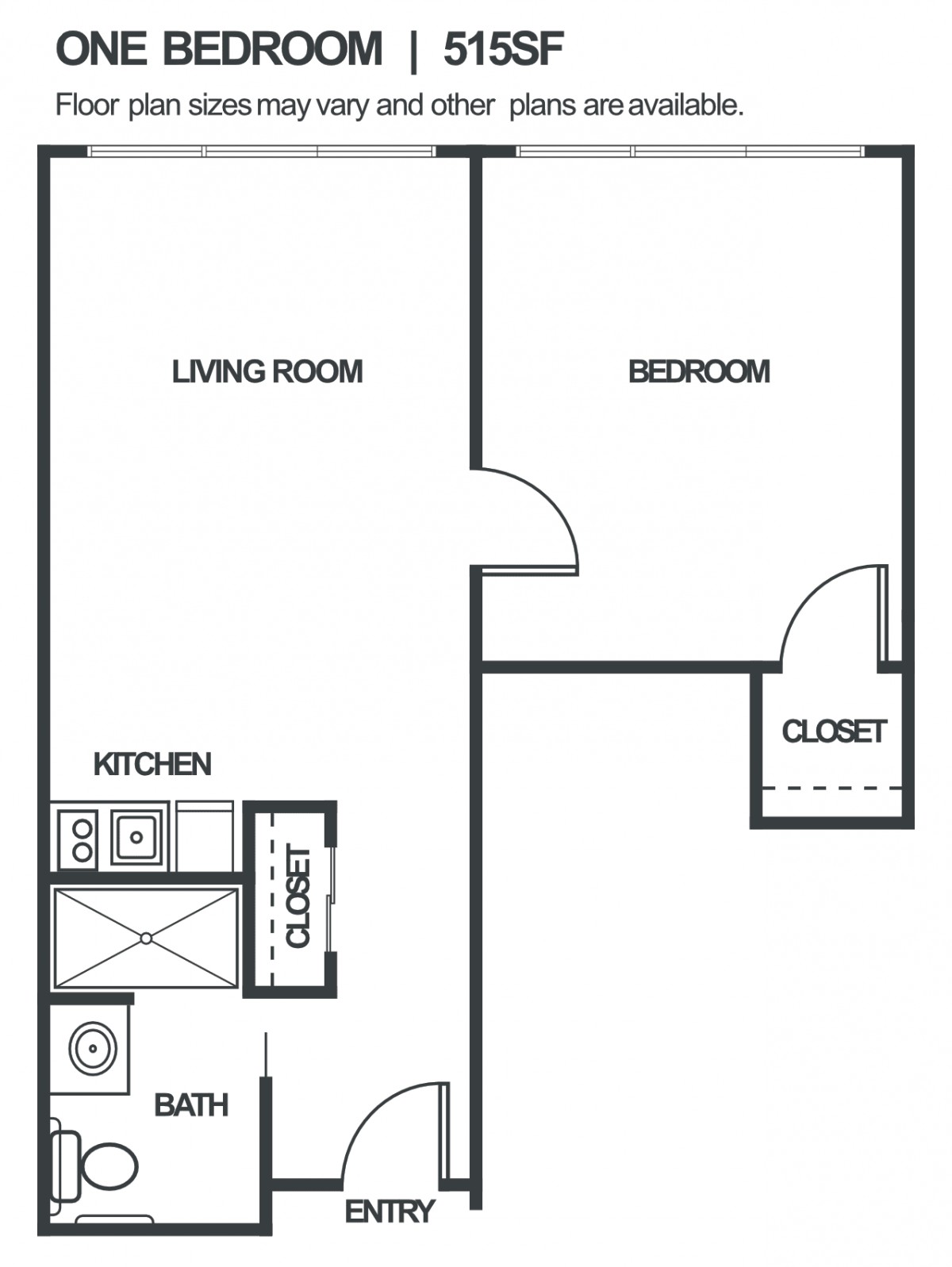 A simple one-bedroom apartment floor plan with a living room, kitchen, bathroom, and closet.