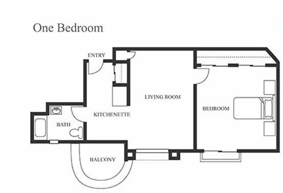 A floor plan layout of a one-bedroom apartment featuring a kitchenette, living room, bathroom, bedroom, and balcony.