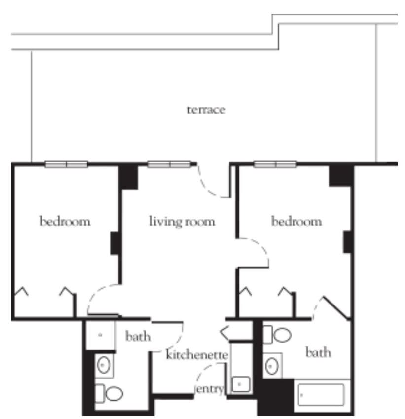 A floor plan of an apartment with two bedrooms, a living room, a kitchen area, and two bathrooms.