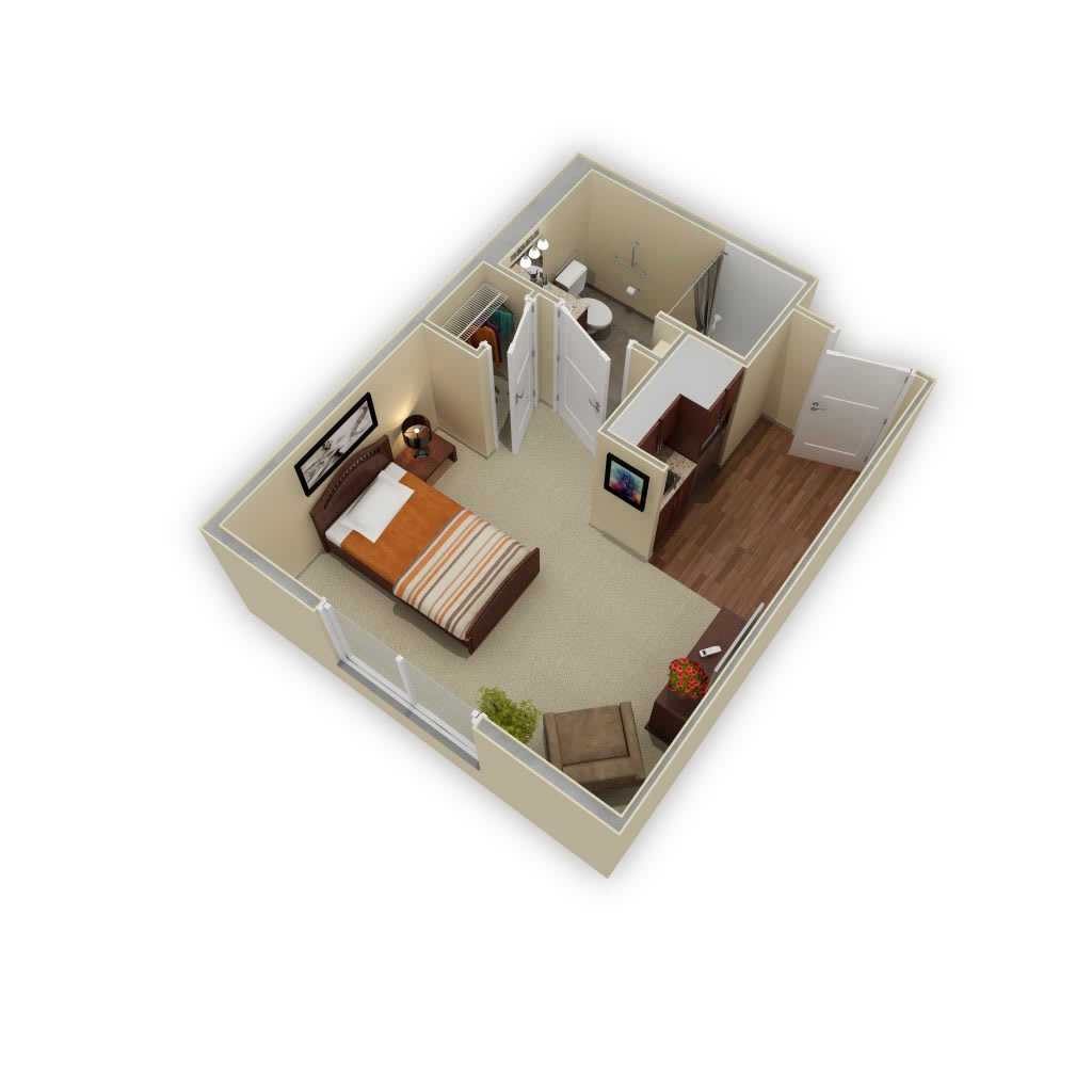 3D floor plan of a one-bedroom apartment with a bathroom and living area.