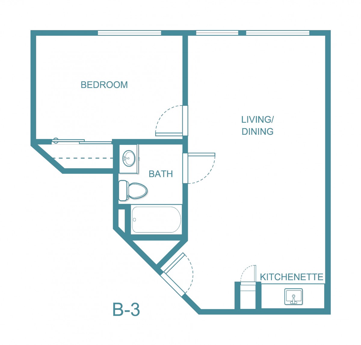 Floor plan of a one-bedroom apartment with living area and kitchen.