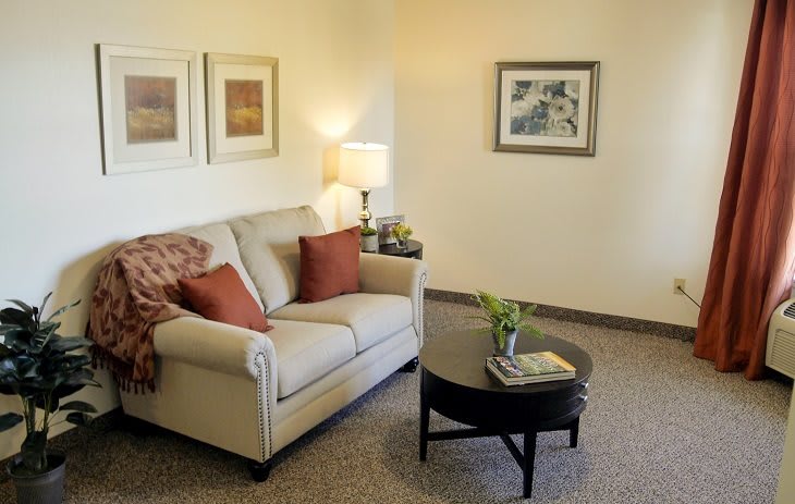 A cozy living room with a sofa, coffee table, and decorative artwork.