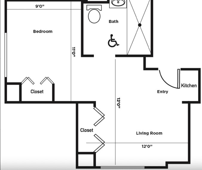 An apartment floor plan showing the layout of a bedroom, bathroom, living room, and closets.