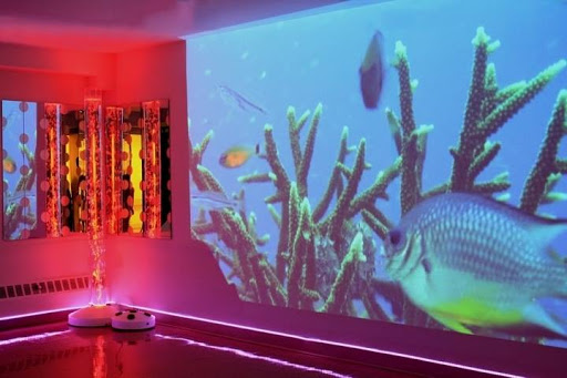 An immersive underwater scene projected onto a wall, enhancing the room's ambiance with vibrant colors.