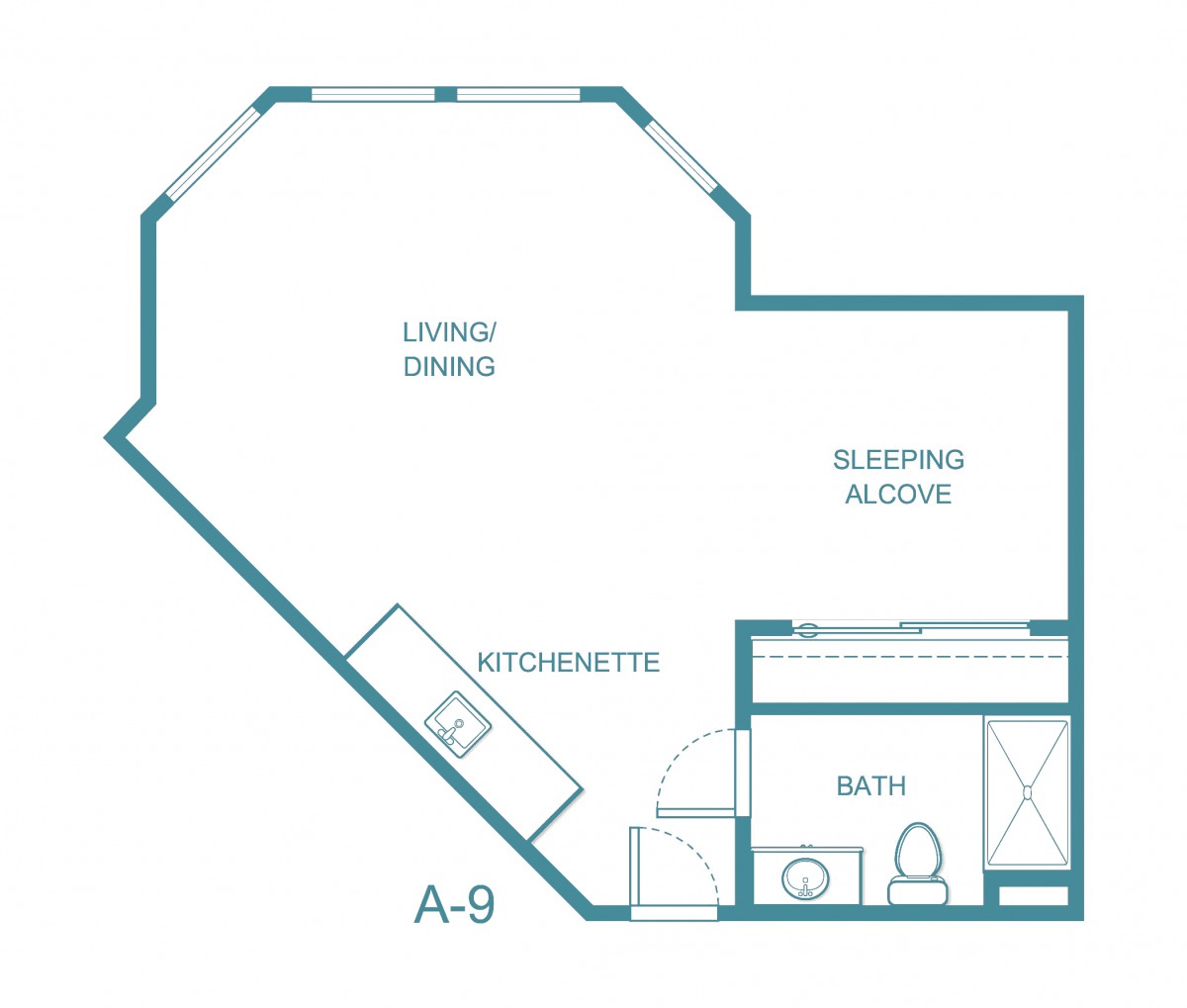 A floor plan of a studio apartment with designated areas for living/dining, kitchenette, sleeping alcove, and bathroom.