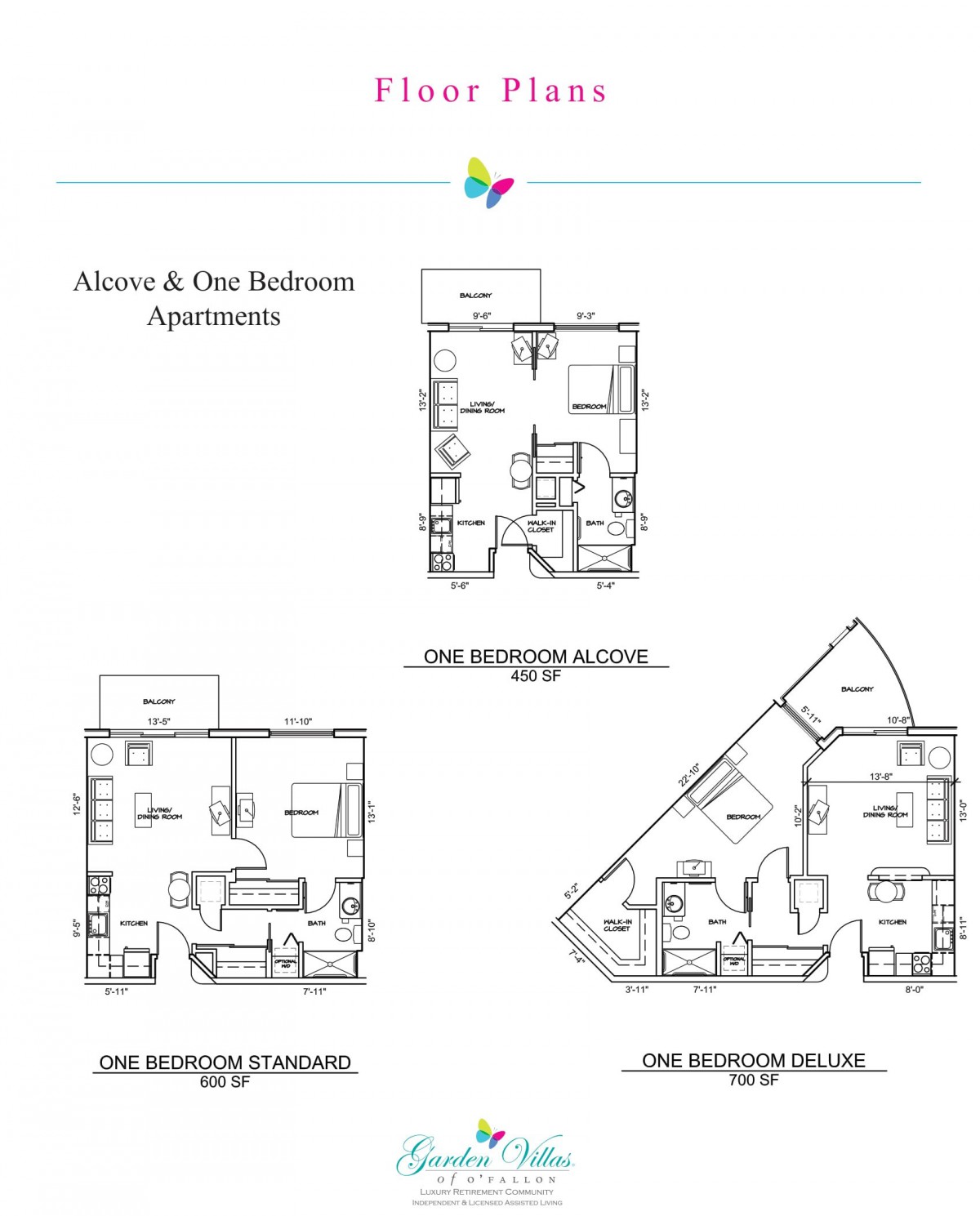 Floor plans of alcove and one-bedroom apartments showing different layout options.