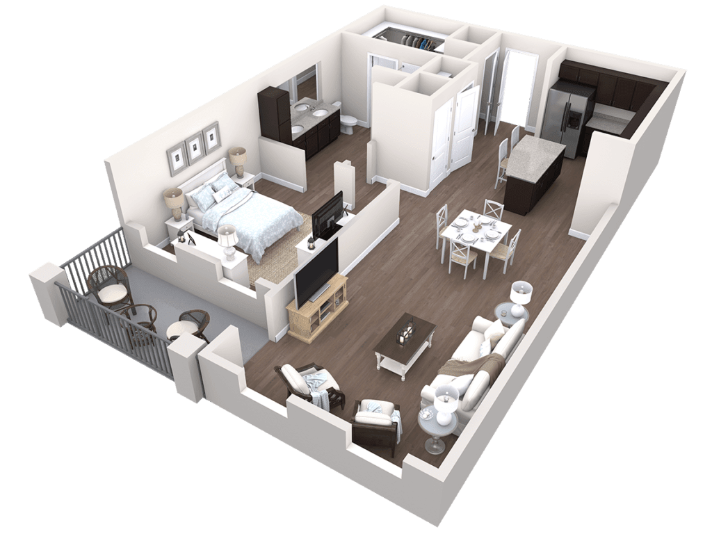 A 3D floor plan of a modern one-bedroom apartment featuring a living room, kitchen, and bathroom.