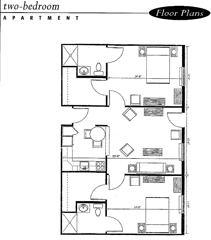 A detailed floor plan of an apartment showcasing the layout of rooms and furniture.