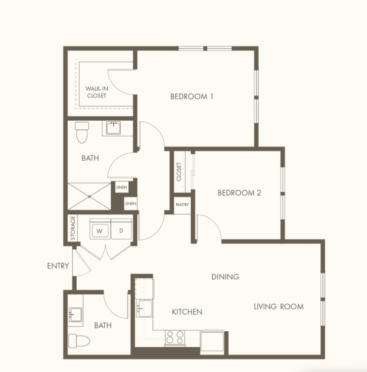 A detailed floor plan of a residential apartment layout, including two bedrooms, a bathroom, kitchen, dining area, and living room.