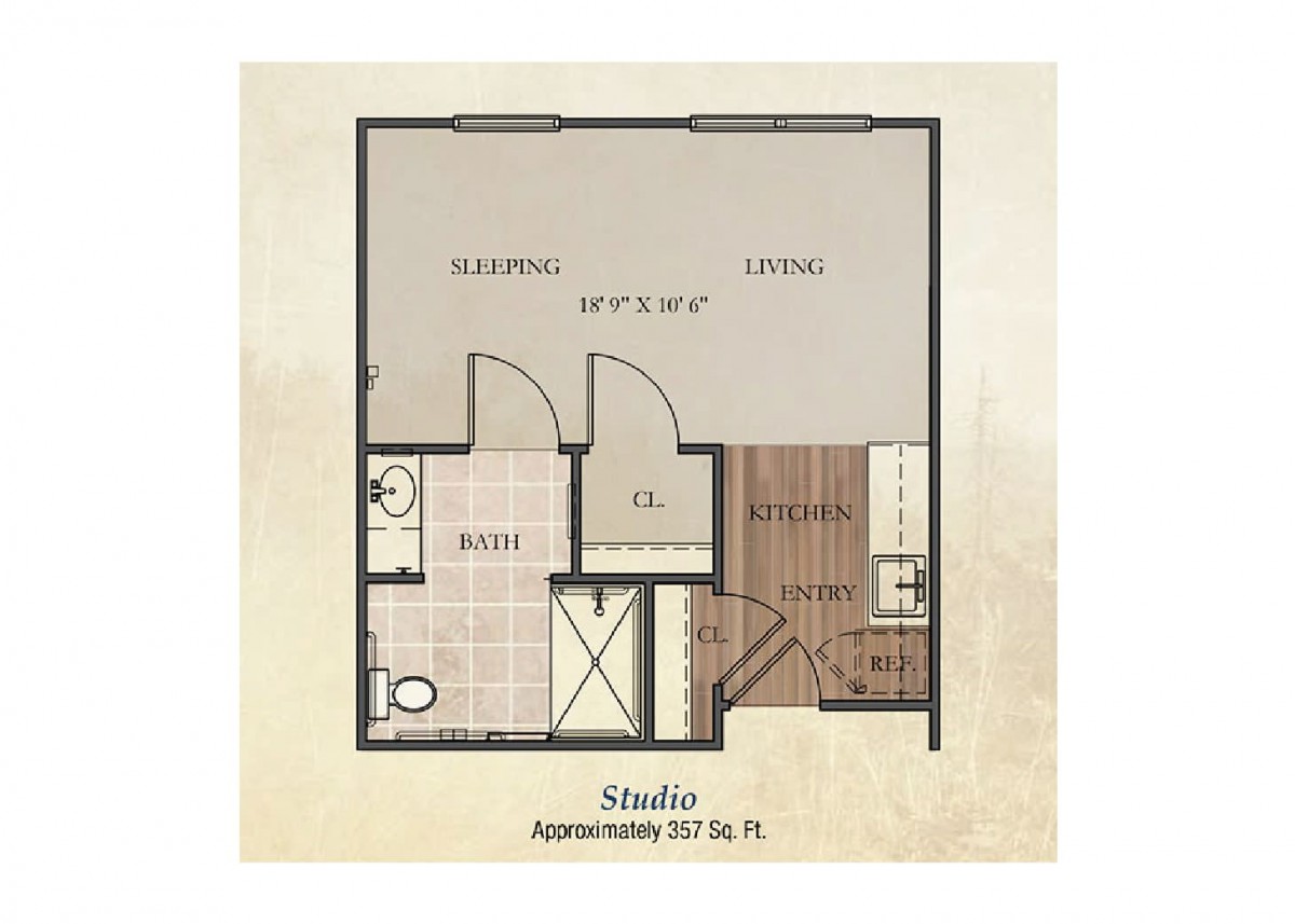 Floor plan of a studio apartment approximately 367 sq. ft.