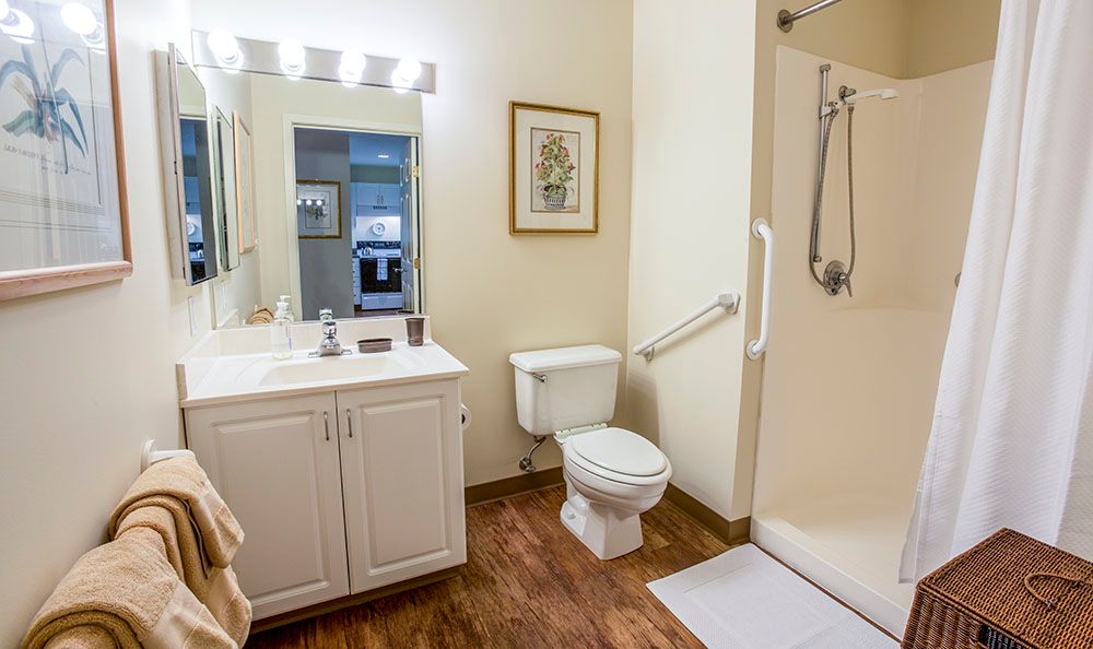 A clean and modern bathroom with a spacious shower and safety features.