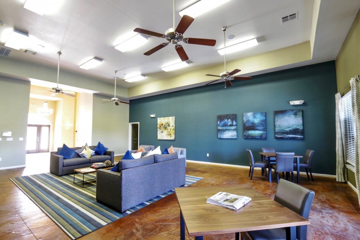 A spacious and modern living room with comfortable seating, ceiling fans, and stylish decor.