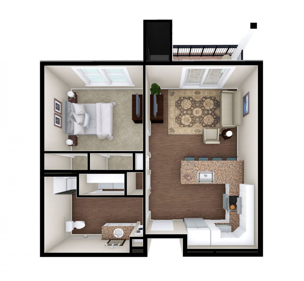 A 3D floor plan of a one-bedroom apartment showing the layout of the living room, kitchen, bathroom, and bedroom.