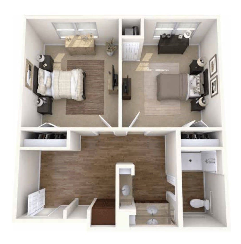 A floor plan of a two-bedroom apartment layout with separate living areas and shared amenities.