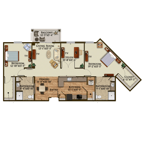A detailed floor plan of an apartment, showcasing the layout of rooms and key features.