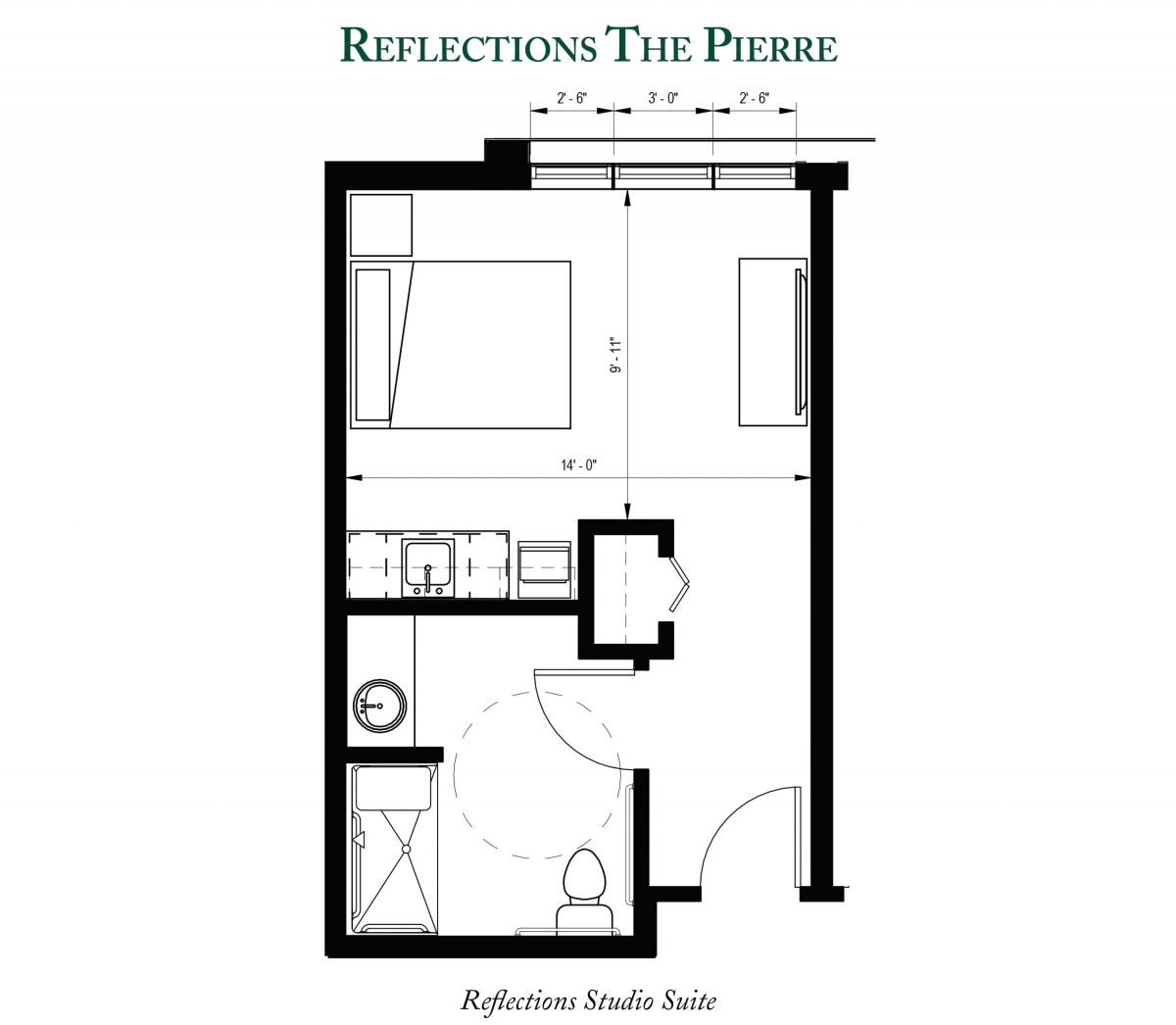 A floor plan layout for a Reflections Studio Suite at the Pierre.