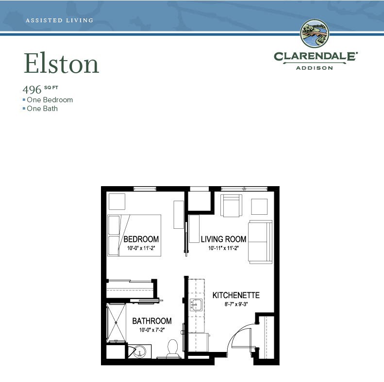 The Elston floor plan for a one-bedroom apartment at Clarendale, featuring a living room, bedroom, kitchen/dining area, and bathroom.