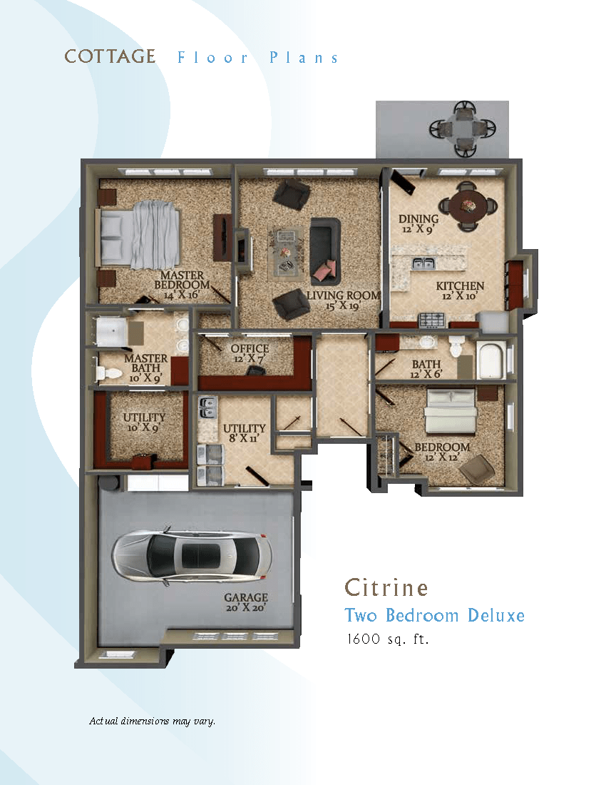 A detailed floor plan of a two-bedroom suite with labeled rooms and furniture arrangement.