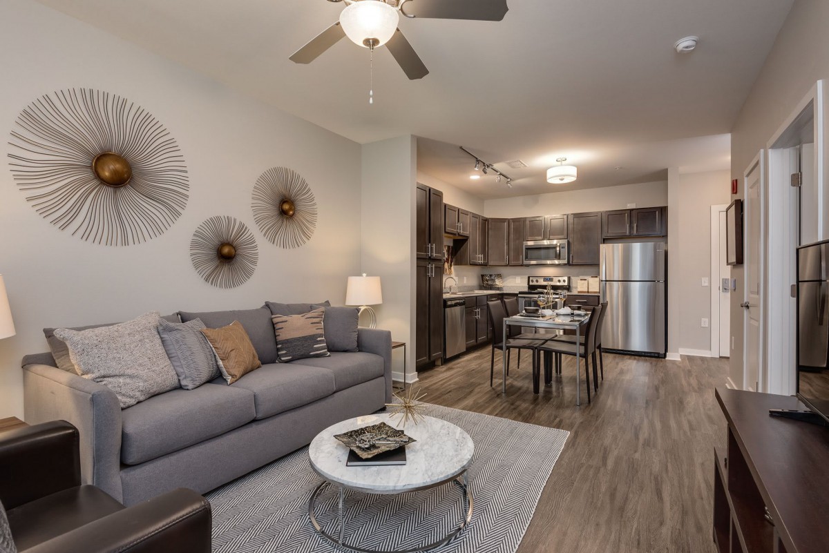 Modern open-concept living room and kitchen with comfortable furnishings and stylish decor.