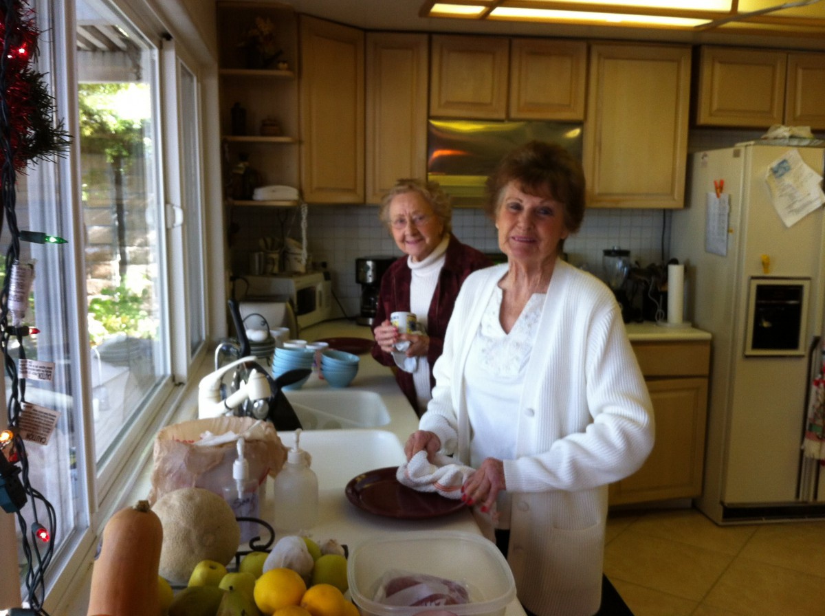 Two women are standing in a kitchen near the sink, engaged in washing dishes. The room is well-lit by daylight coming through a large window.