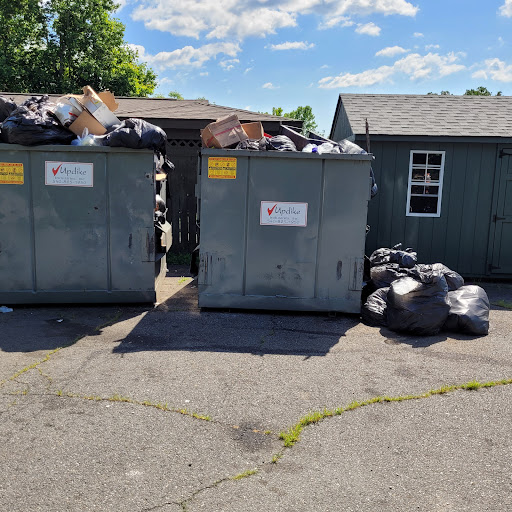 A pair of overflowing dumpsters next to a small shed, reflecting the need for better waste management.