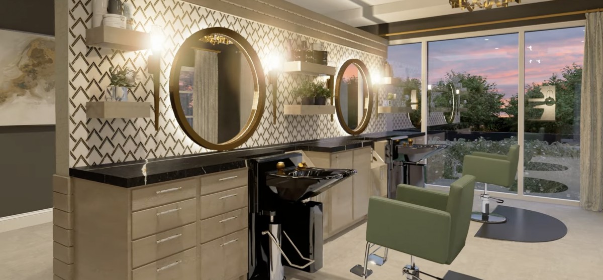Modern hair salon interior with elegant mirrors and stylish lighting.