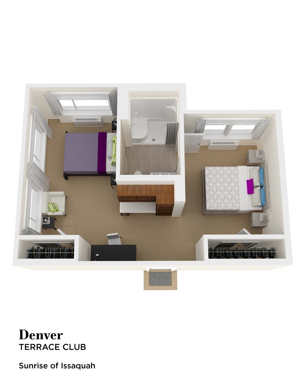 3D rendering of a two-bedroom apartment floor plan.