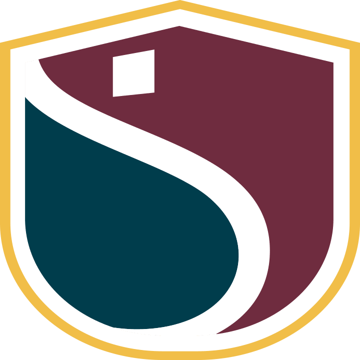 An abstract shield-shaped logo with a flowing design.