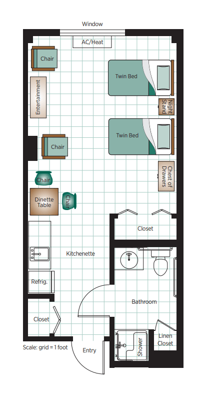 Studio apartment floor plan with kitchenette, bathroom, and living area.
