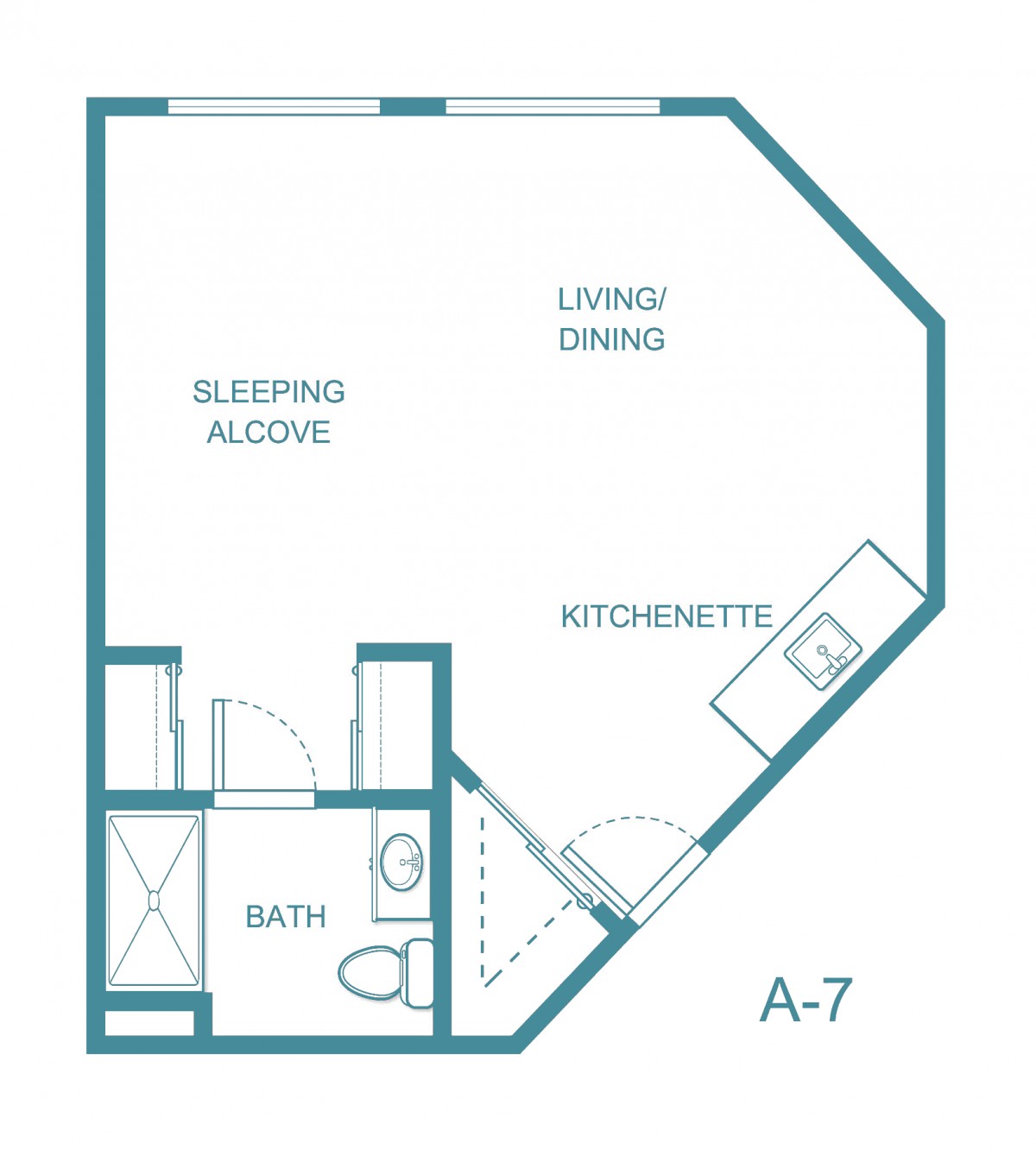 A floor plan of a studio apartment with a kitchenette, sleeping alcove, and bath.