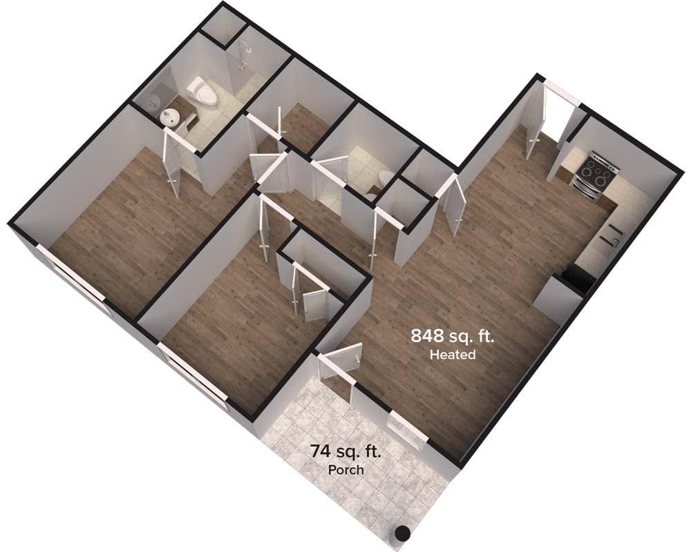 3D floor plan showing room layout and dimensions.