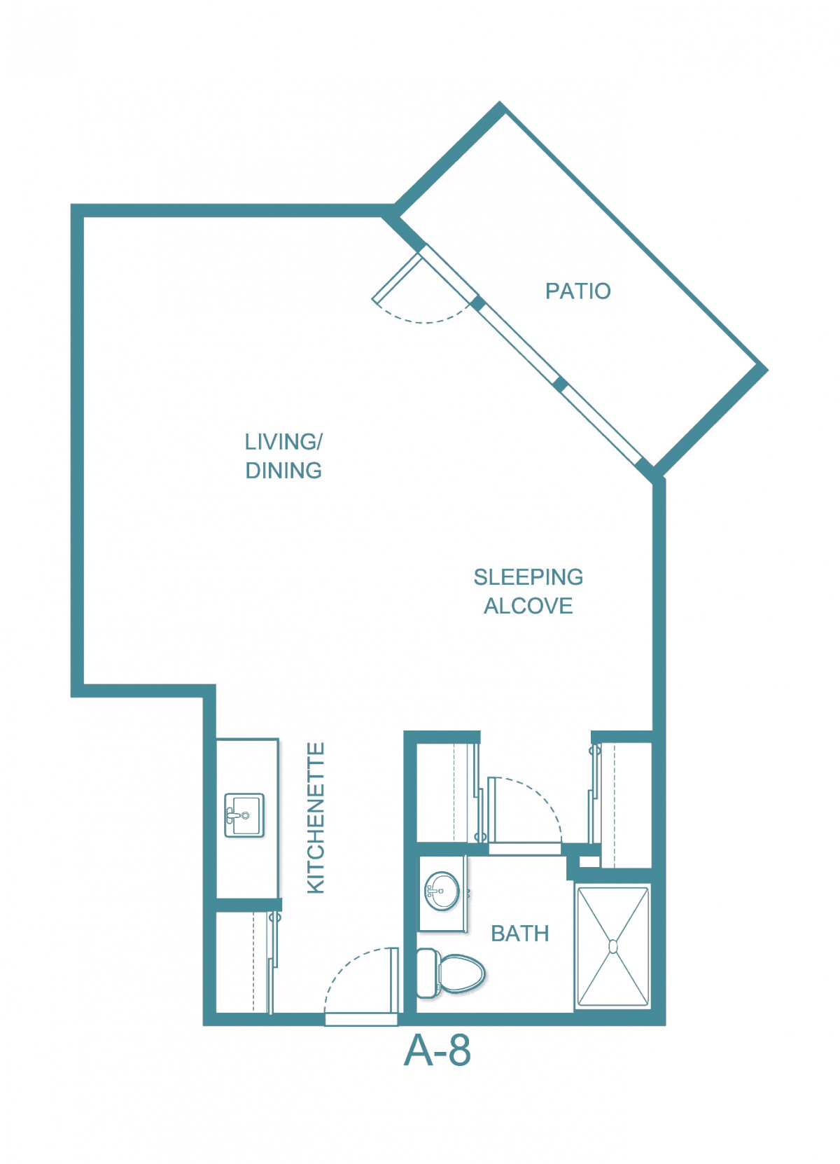 A studio apartment floor plan featuring a living/dining area, sleeping alcove, kitchen, bathroom, and patio.