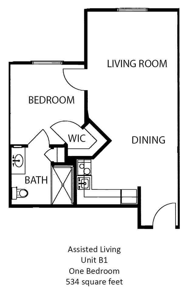 One-bedroom apartment floor plan with living room, dining area, kitchen, bathroom, and walk-in closet.
