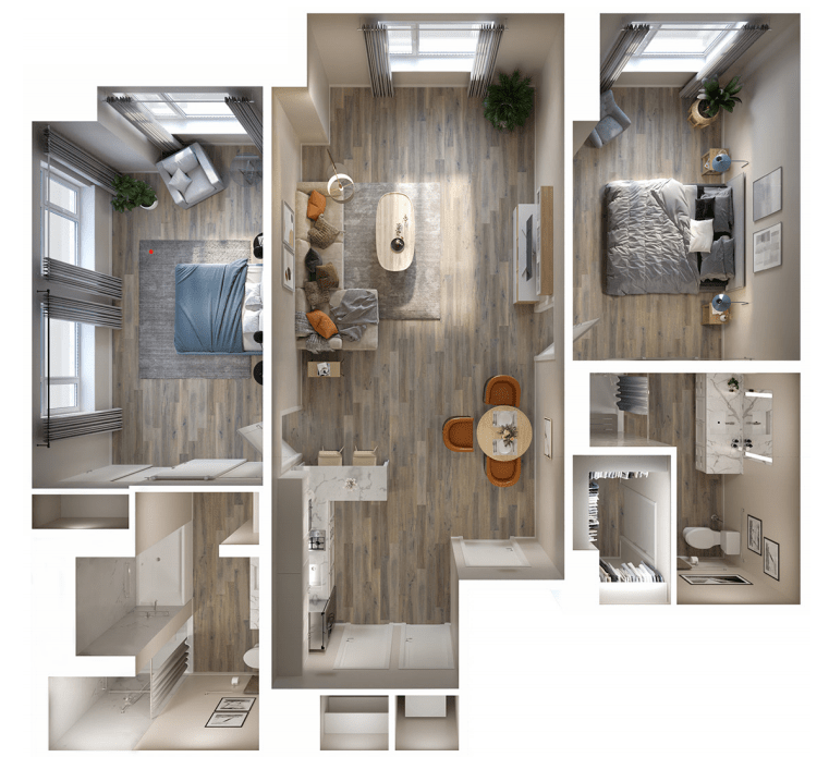 A detailed floor plan of a modern apartment with furniture layout.