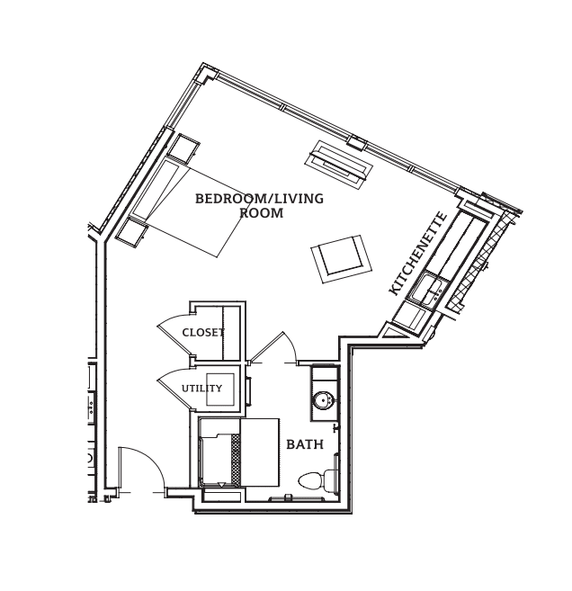 Floor plan of a studio apartment with integrated sleeping and living area.