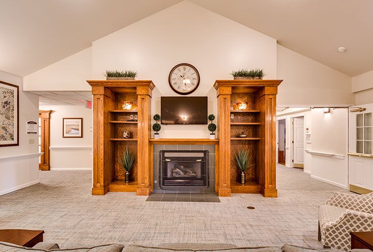Elegant living room with a central fireplace, flanked by wooden bookshelves and a wall-mounted television.