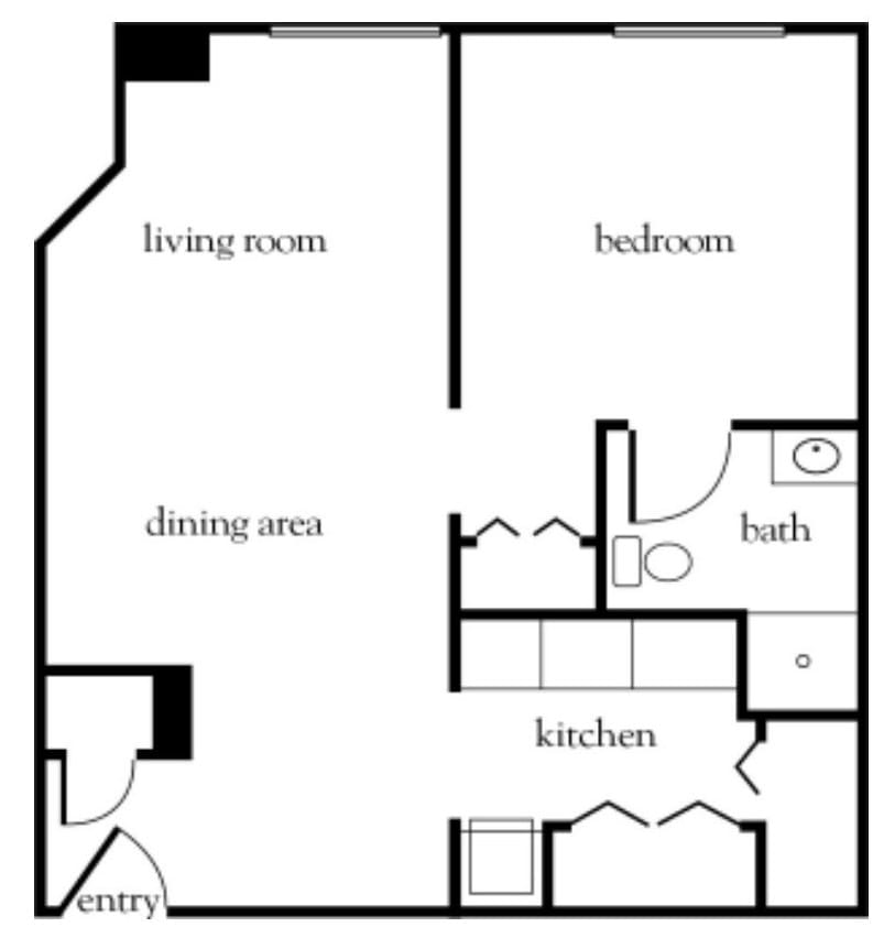 A floor plan of a one-bedroom apartment featuring a living room, dining area, kitchen, and bathroom.