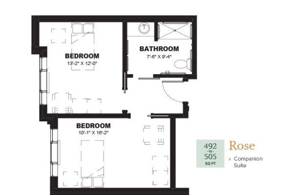 Two-bedroom apartment floor plan with bathroom layout.