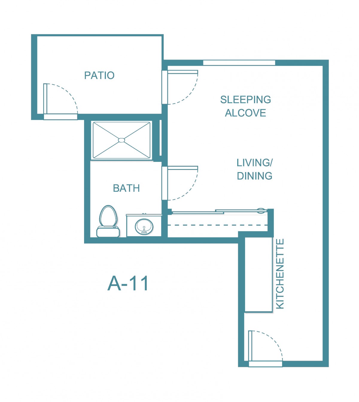 Studio apartment floor plan with labeled sleeping alcove, living/dining area, bath, and patio.