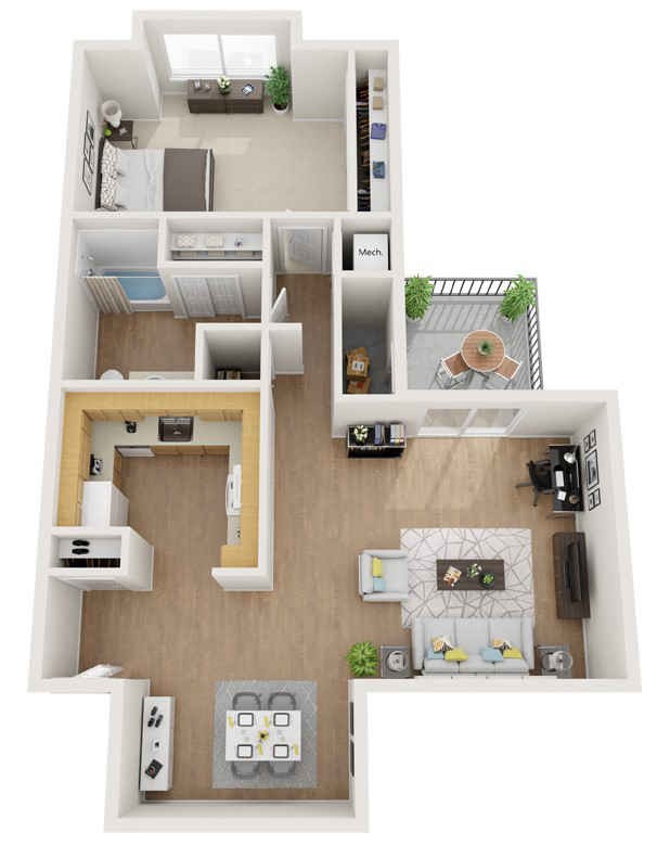 A detailed floor plan of an apartment showing the arrangement of rooms and furniture.