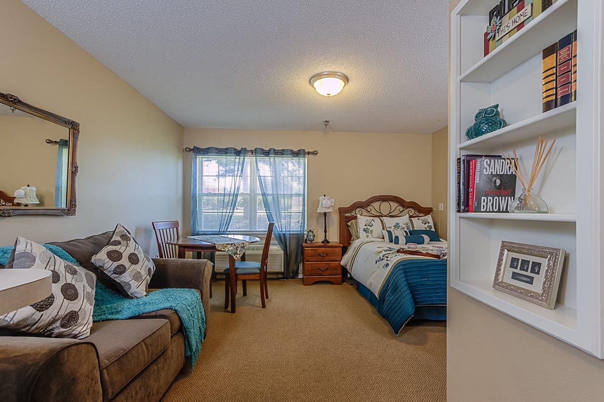 Cozy bedroom with a bed, sofa, and bookshelf.