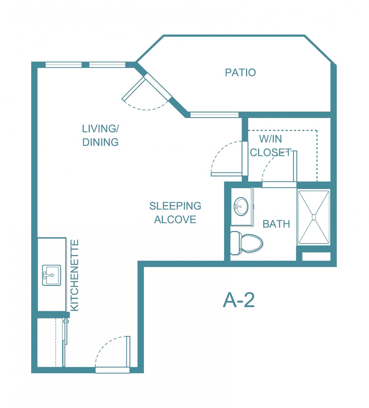 A studio apartment floor plan featuring a living area, sleeping alcove, kitchenette, bathroom, and patio.