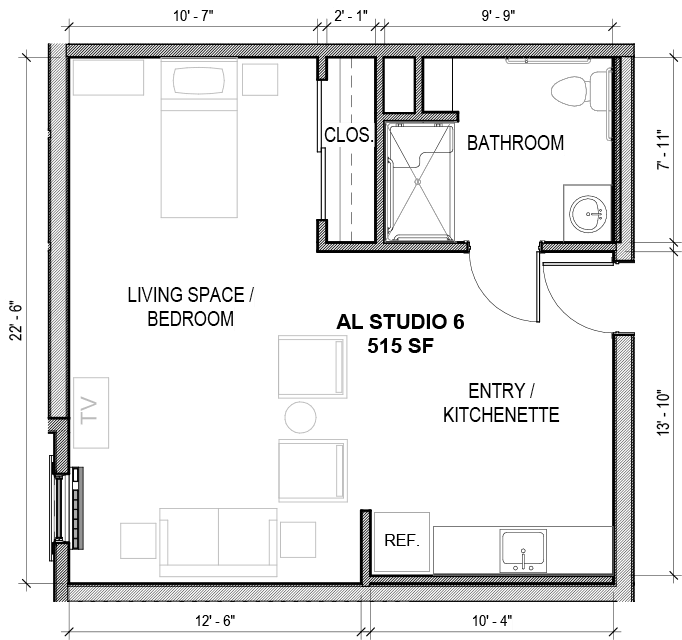A floor plan of a compact apartment featuring a living space, kitchenette, bathroom, and bedroom.