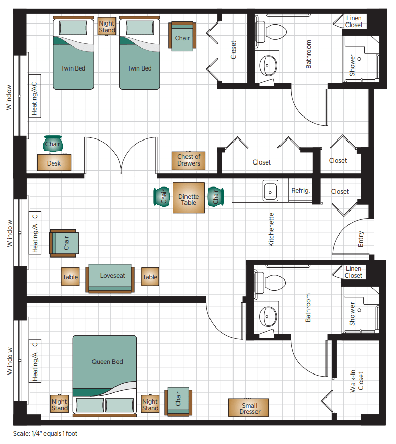 A detailed floor plan of an apartment with multiple bedrooms, bathrooms, a living room, and a kitchen.