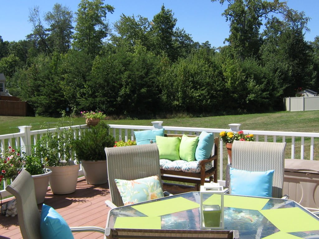A sunny backyard patio with comfortable seating and potted plants.