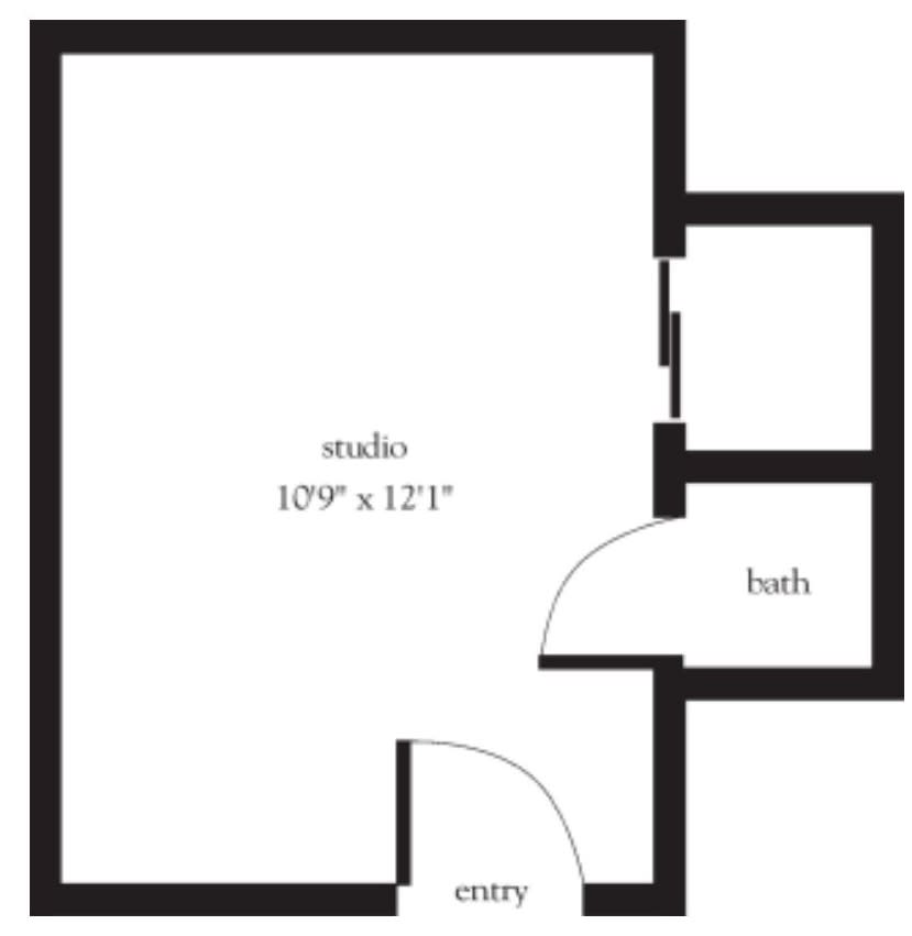 A floor plan of a studio apartment with an entry and bath.