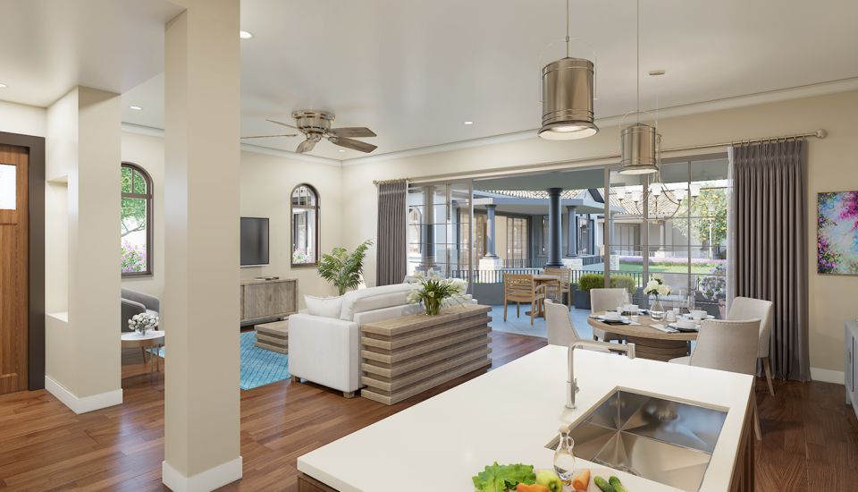 A modern open-concept living room and kitchen with abundant natural light.