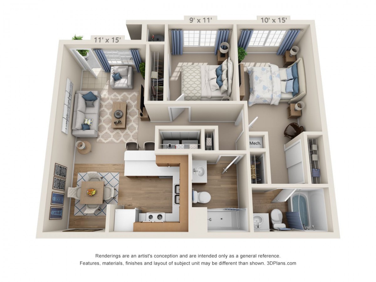 3D floor plan of a modern two-bedroom apartment featuring a living area, kitchen, bathroom, and furnished bedrooms.